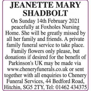 JEANETTE MARY SHADBOLT