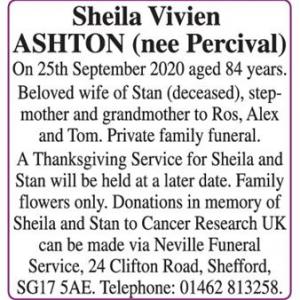 ASHTON, Sheila Vivien (nee Percival)