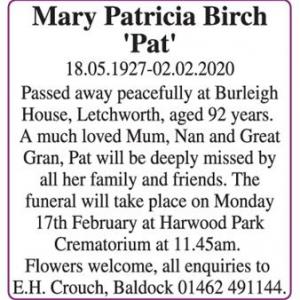 Mary Patricia Birch
Pat