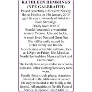 KATHLEEN HEMMINGS (NEE GALBRAITH)