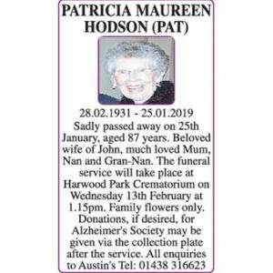 PATRICIA MAUREEN HODSON
(PAT)